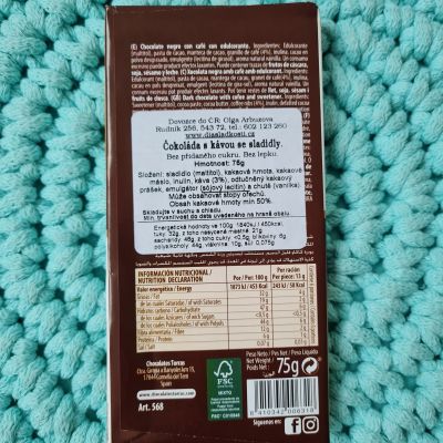 Čokoláda hořká bez přidaného cukru COFFEE 75 g – Torras