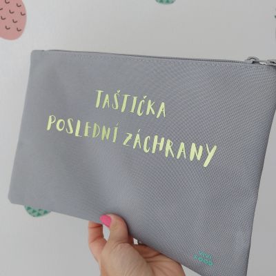 Taštička poslední záchrany ZDRAVĚ, LEHCE, FIT A CÍTÍM SE LÍP – grey/gold