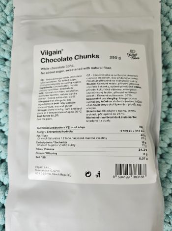 Chocolate chunks WHITE bez přidaného cukru 250 g – Vilgain