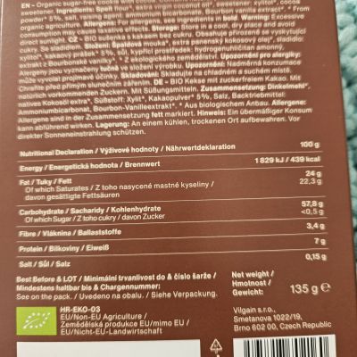 Bio sušenky bez přidaného cukru KAKAOVÉ 135 g (v balení 4x 2 sušenky) – Vilgain