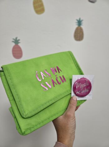 Termo taštička „ČAS NA SVÁČU“ green/shine pink + placka