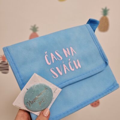 Termo taštička „ČAS NA SVÁČU“ blue/pastel pink + placka